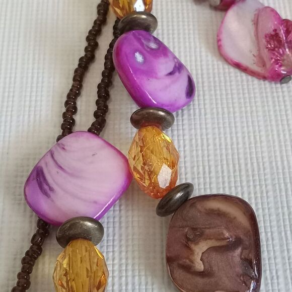 Pink & Brown Colorful Beaded Triple Strand Statement Necklace & Dangle Earrings - Picture 6 of 11